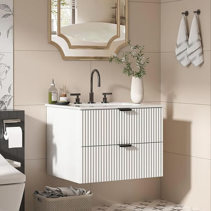 24 inch Bathroom Vanity with Sink, Floating Bathroom Vanity, Wall Mounted Modern Vanity with Ceramic Sink & Soft-Close Drawers, Floating Storage Cabinet with Sink for Small Space, White