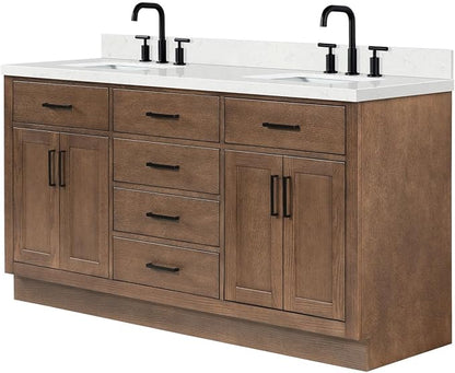 Isabella 66-Inch Brown Oak Double Bathroom Vanity with Sink, 1.5-Inch Edge Carrara White Quartz Countertop & 4" Backsplash, Soft-Closing Doors & Drawers, Solid Oak Wood Construction