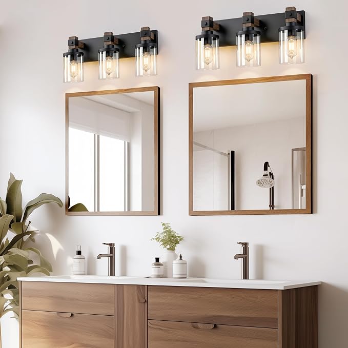 Farmhouse Bathroom Vanity Light Fixture, 3 Light Black Wood Over Mirror | Matte Black Metal & Wood with Clear Glass Shade, 3 Ligh Vanity Light Fixture Over Mirror for Farmhouse Industrial Bathroom