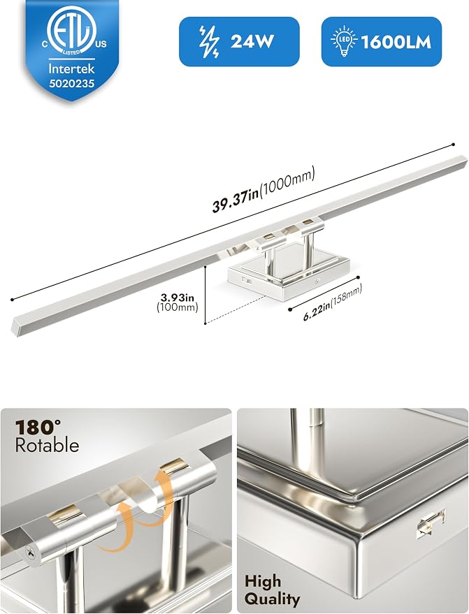 39.4 Inch Modern Bathroom Light Fixture, 24W 5CCT Dimmable LED Chrome Bathroom Vanity Lights Over Mirror, Vanity Lights for Bathrooms Restroom Mirror- ETL Certified