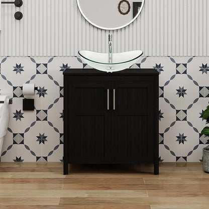 YOURLITE 30 Inches Traditional Bathroom Vanity Set with Single Faucet Hole, Clear Boat Glass Sink, Black Finish, 2-Door Cabinet