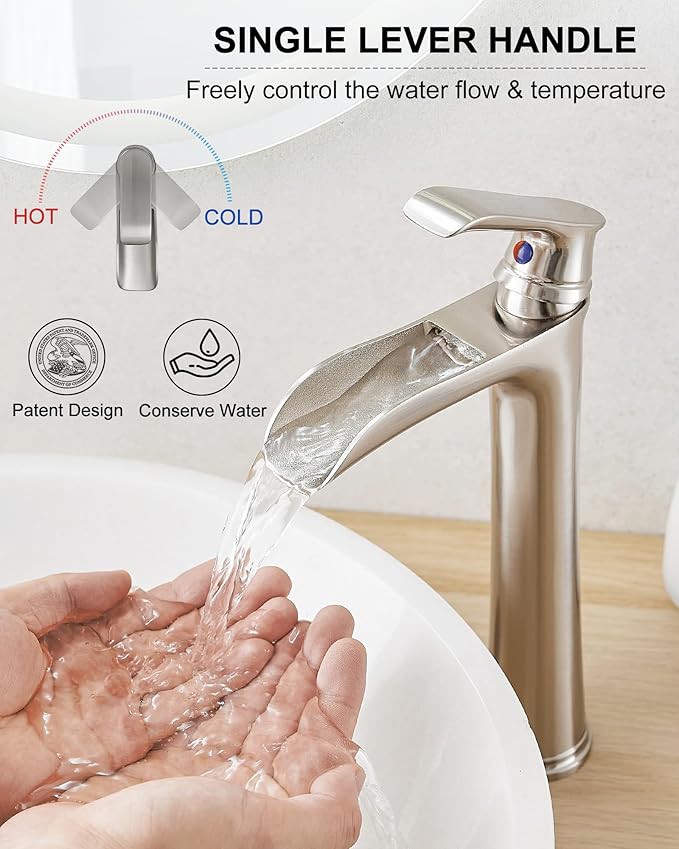 Brushed Nickel Bathroom Faucet Brass Waterfall Faucet for Bathroom Sink, Tall Vessel Sink Faucets, Vanity Faucet 1 Hole Single Handle with Pop-Up Drain Supply Hoses for Lavatory RV Farmhouse