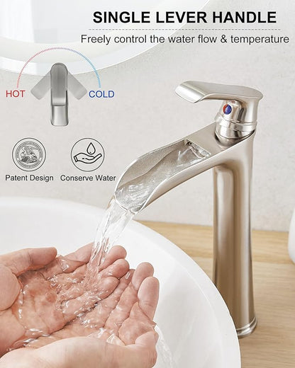 Brushed Nickel Bathroom Faucet Brass Waterfall Faucet for Bathroom Sink, Tall Vessel Sink Faucets, Vanity Faucet 1 Hole Single Handle with Pop-Up Drain Supply Hoses for Lavatory RV Farmhouse