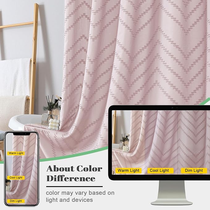 Boho Shower Curtain, Blush Pink Fabric Cloth Shower Curtains Farmhouse Tufted Chevron Striped Textured with Tassel for Bathroom, Soft Hotel Style Modern Minimalist, Machine Washable, 72x72
