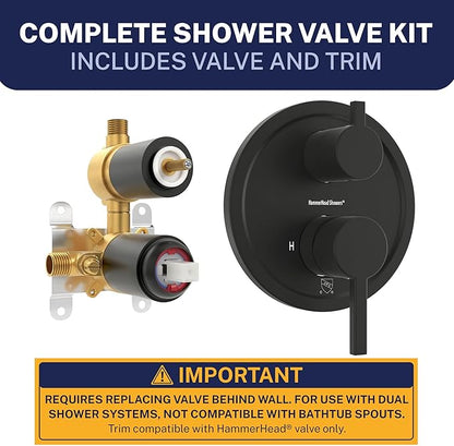 HammerHead Showers Solid Metal Two Handle Shower Valve and Trim Kit Matte Black, Diverts Water, Controls Volume and Temperature, Rough-In Shower Trim Kit with Valve and Pressure Balance Shower Valve