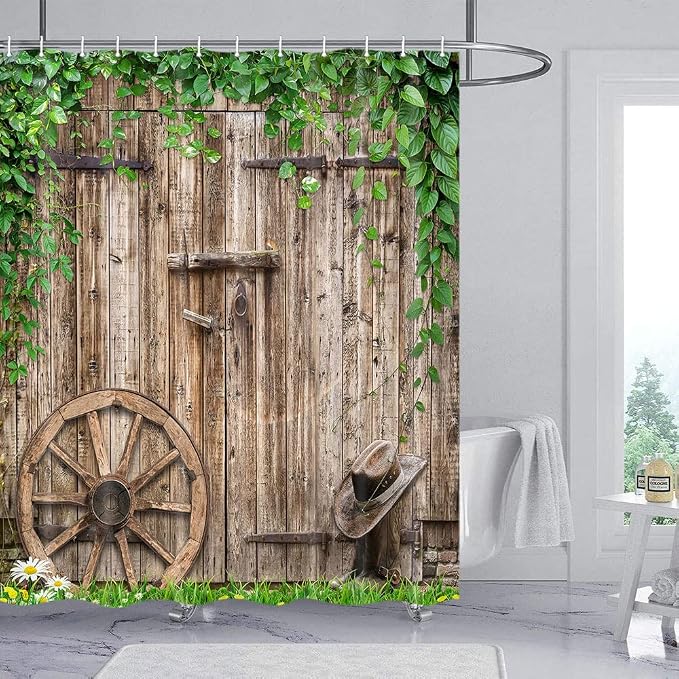 Rustic Farmhouse Country Barn Door Shower Curtain for Bathroom,Wood Board Plank Country Vintage Green Leaves Garage Cabin Decor Curtains,Wooden Wheel Boots Bath Curtains with Hooks 36X70IN