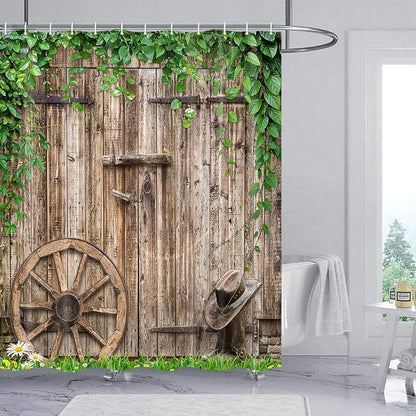 Rustic Farmhouse Country Barn Door Shower Curtain for Bathroom,Wood Board Plank Country Vintage Green Leaves Garage Cabin Decor Curtains,Wooden Wheel Boots Bath Curtains with Hooks 36X70IN