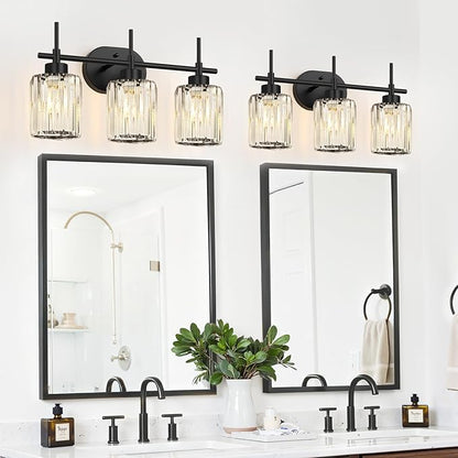Matte Black Vanity Light, 3-Light Crystal Modern Bathroom Lighting Fixtures Over Mirror, Black Bathroom Vanity Light (Bulbs Not Included)
