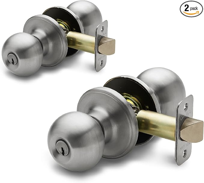 Copper Creek Colonial Entry Door Knob – Keyed Entry Handle with Lock and Key, ANSI Grade-3 Certified, DIY-Friendly Install for Interior and Exterior Entrance Doors – Satin Stainless (2 Pack)
