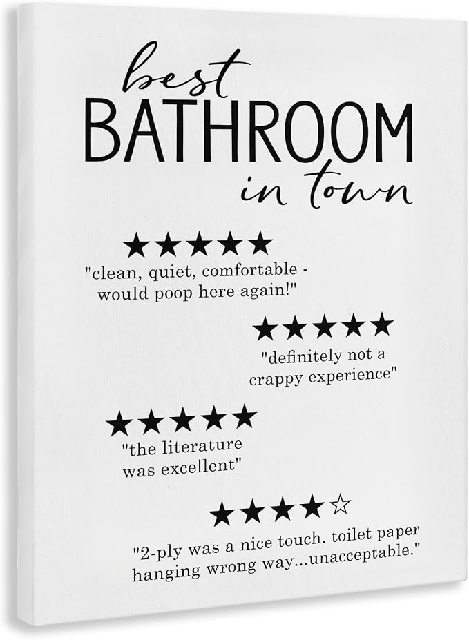 Funny Bathroom Five Star Reviews, 24 x 30 Inch Canvas Wall Art | Stupell Industries · By Lettered and Lined · Ready to hang · Great gift for bathroom decor · Made in USA