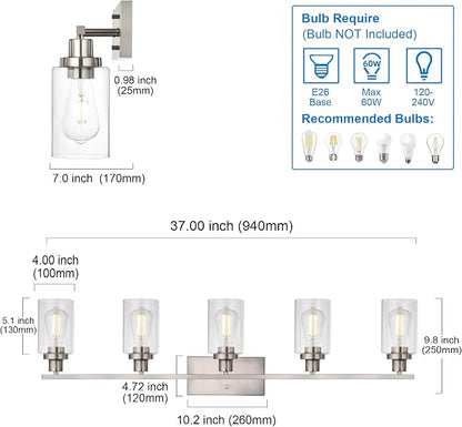 MELUCEE 5-Light Bathroom Vanity Light Brushed Nickel with Clear Glass Shade | Wall Sconce Modern Light Fixtures Wall Mount for Porch Bedroom Hallway Kitchen (Patent No.: US D963914 S) 40 Inches