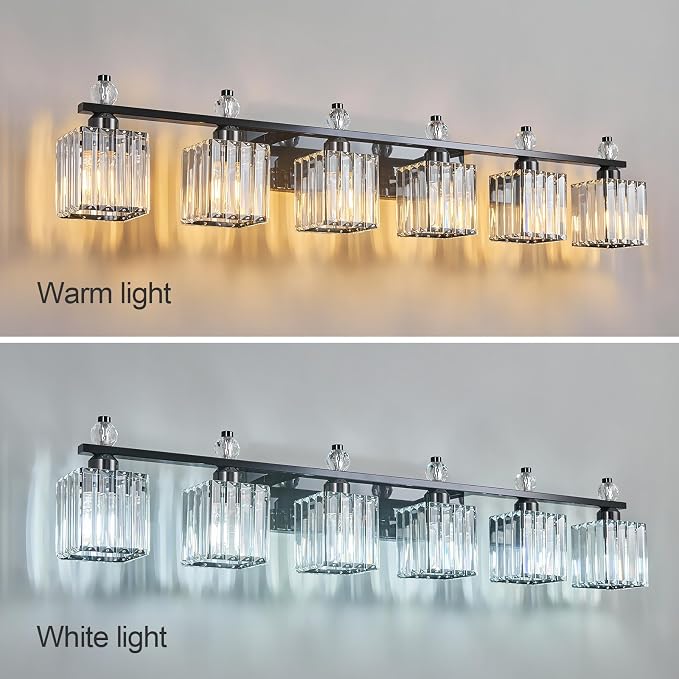 Vanity Lights 6-Light Modern Crystal Vanity Light Plating Black Bathroom Light Fixtures Over Mirror Crystal Bathroom Vanity Lighting Fixtures