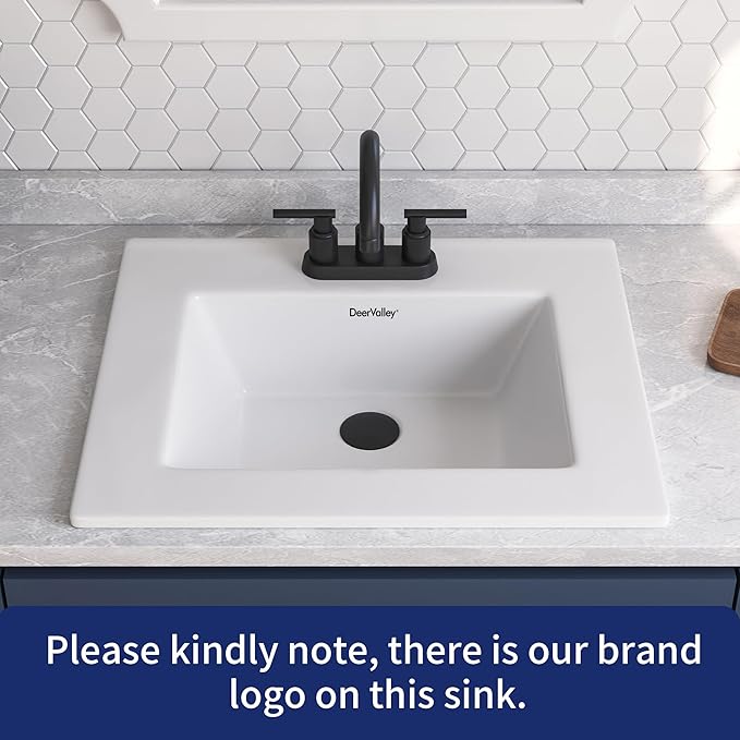 DeerValley 21x18 Inch Rectangular Fireclay Drop-in Bathroom Sink, White Vessel Sink with Overflow, Modern Art Basin, DV-1DS0123