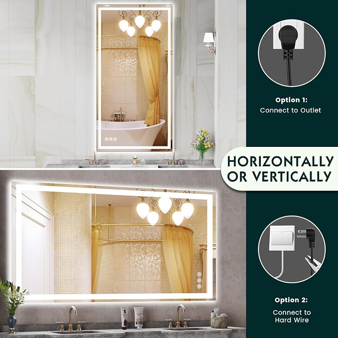 36" x 72" LED Bathroom Mirror with Lights, Memory Vanity Mirror | Anti-Fog, 3 Color Modes, Dimmable, Front Lit, Memory Function, Tempered Glass, Lighted Bathroom Mirror for Wall