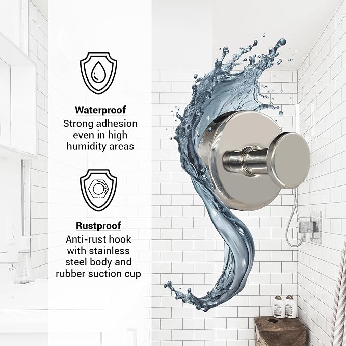 Suction Cup Hooks for Shower - 4 Pack, Chrome - Stainless Steel, Strong Suction, No Drill, Removable Hanger, Tile Bathroom Kitchen Wall, Glass Door, Mirror Hook Hanging Robe, Towel Holder