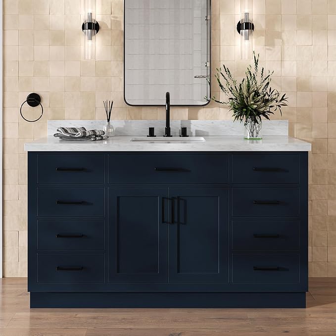 Isabella 60 Inch Bathroom Vanity Single Sink — Midnight Blue Bathroom Vanity with Sink, 1.5" Edge Italian Carrara Marble Top, Solid Wood, 2 Soft-Close Doors, 8 Dovetail Drawers + Tilt Drawer