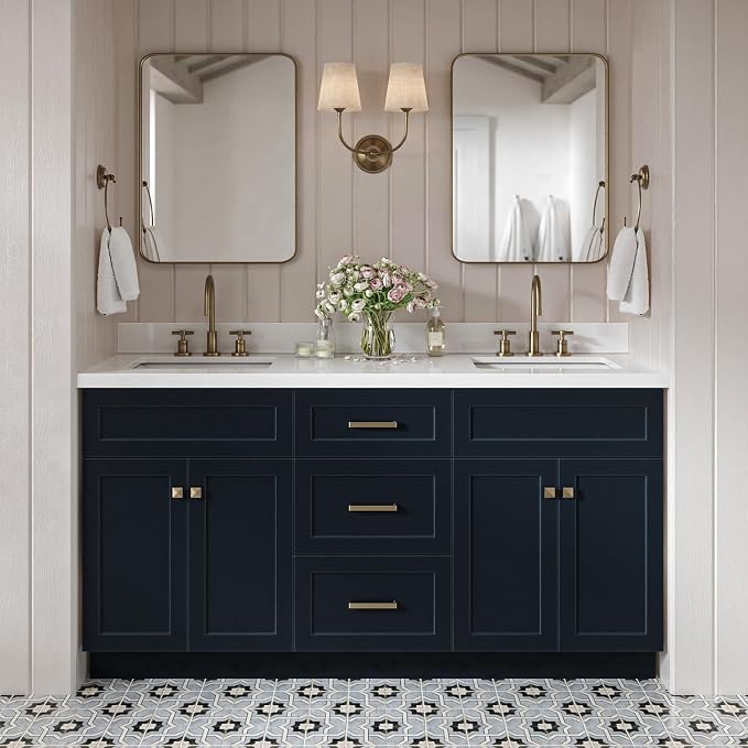 Bradford 66" Midnight Blue Double Bathroom Vanity, 1.5" Pure White Quartz Countertop, Double Rectangular Undermount Sinks, Soft-Close Doors, Dovetail Drawers, Satin Brass