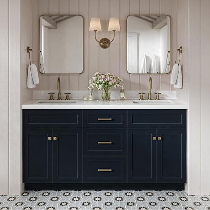 Bradford 66" Midnight Blue Double Bathroom Vanity, 1.5" Pure White Quartz Countertop, Double Rectangular Undermount Sinks, Soft-Close Doors, Dovetail Drawers, Satin Brass