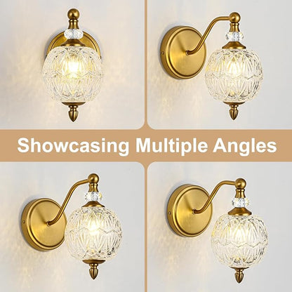 1 Piece Vintage Wall Sconce, 1-Light Mid Century Matte Brass Finish Wall Sconce with Globe Glass Shade, Retro Light for Bathroom, Bedroom, Living Room,Powder Room
