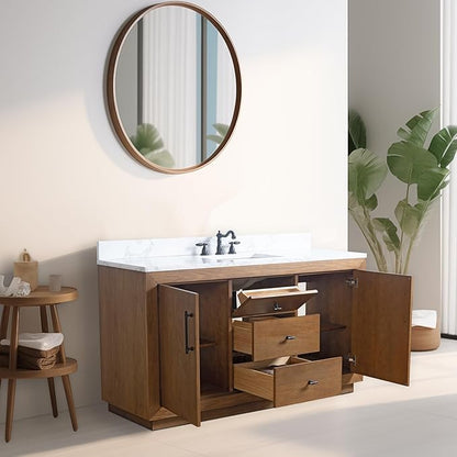 Vanity Art 60" Bathroom Vanity with Sink, Solid Poplar Wood Vanity Cabinet with Doors and Shelf, Modern Bathroom Vanity with White Marble Top, 3 Functioning Drawers,VA70-60-ST-E