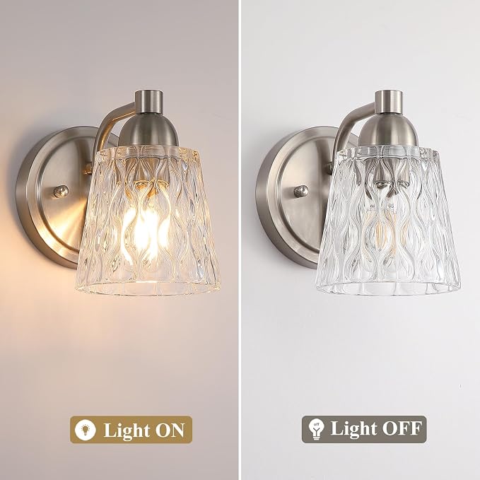 Mecgirn Stainless Steel Bathroom Vanity Light Over Mirror, 1 Light Brushed Nickel Bathroom Light Fixtures with Textured Glass Shades, Modern Vanity Lighting Wall Mount