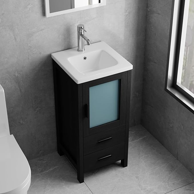 wonline 16 Inch Modern Bathroom Vanity with Sink, Single Bathroom Cabinet Vanity for Small Space, Freestanding Storage Drawered Cabinet with Faucet & Pop Up Drain, Black