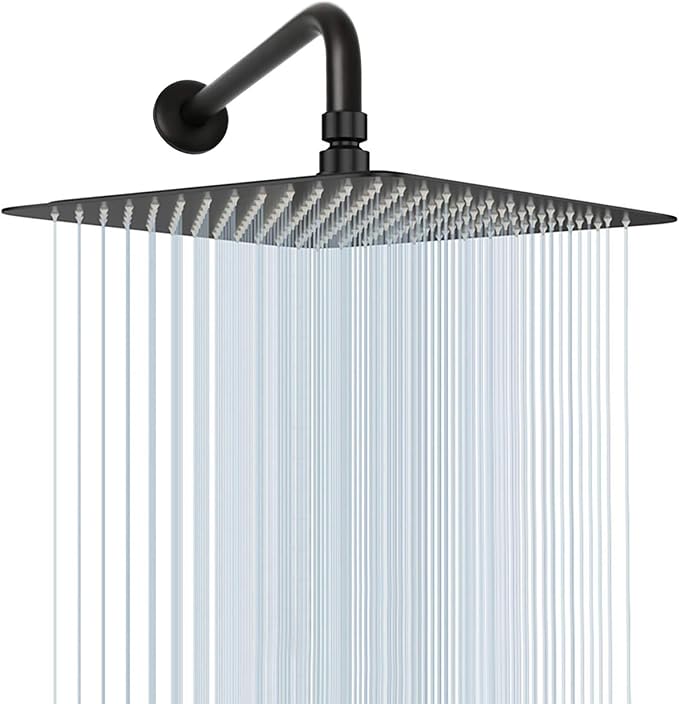 NearMoon Square Rain Shower Head With Extension Arm, Large Stainless Steel Rainfall Shower-Waterfall Full Body Coverage (16 Inch, Matte Black)