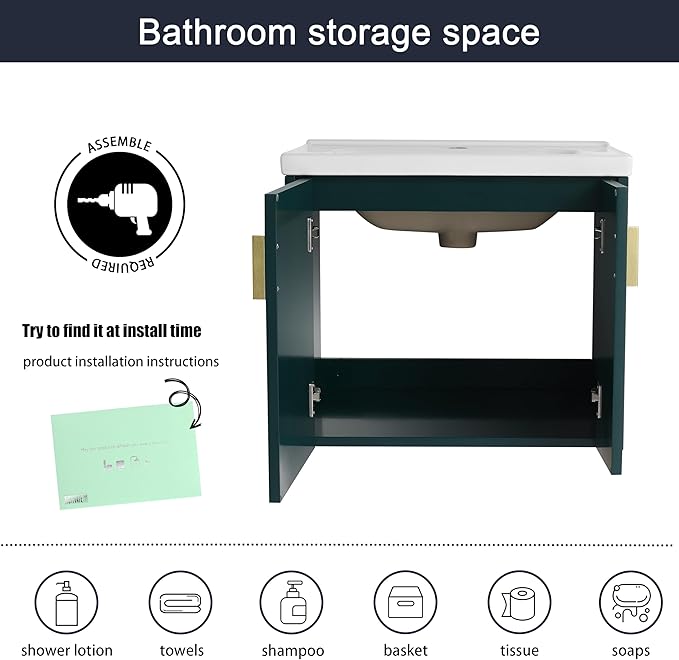Malwee 24" Floating Bathroom Vanity with Sink, 24 Inch Single Sink Wall Mounted Bathroom Vanity, with 2 Doors and White Ceramic Basin Top, Green Cabinet Set with 3 Color Handles (081-24)