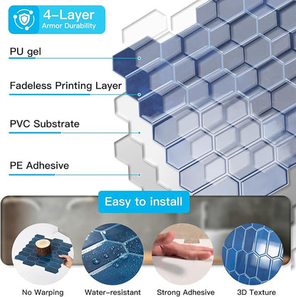 Art3d Hexagon Tile Peel and Stick Backsplash, 10-Pack, 12" x 12", Dark Blue | Superior Thickness, Reliable Adhesion, Warp Resistant, Minimalist Style, Easy to Install, for Kitchen Countertops, Bedroom