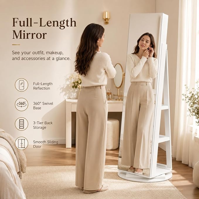 Bonnlo 360° Swivel Jewelry Cabinet with Sliding Door, Standing Jewelry Organizer Box with Full-Length Mirror, Rotating Jewelry Armoire with Large Storage Capacity, Rear Shelves for Bedroom