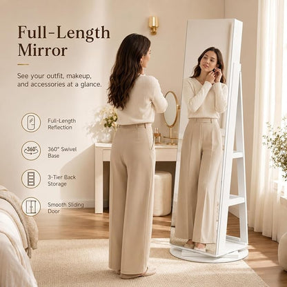 Bonnlo 360° Swivel Jewelry Cabinet with Sliding Door, Standing Jewelry Organizer Box with Full-Length Mirror, Rotating Jewelry Armoire with Large Storage Capacity, Rear Shelves for Bedroom