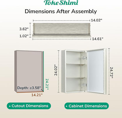 TokeShimi 14 x 24 Brushed Nickel Recessed Medicine Cabinet with Mirror, Assembly Required, Bathroom Medicine Cabinet with Mirror, Stepless Adjustable Shelves, Beveled Aluminum Frame, DTC Hinge