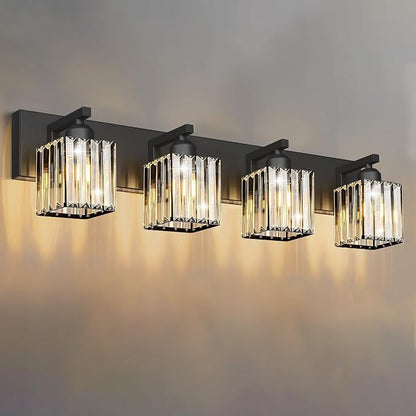 Black Crystal Bathroom Vanity Light, 4-Light Modern Bathroom Lighting Fixtures Over Mirror, Matte Black Wall Sconce Light Fixtures with Square Shade