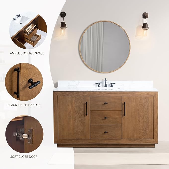HOMEBEYOND 60" Bathroom Vanity with Single Sink & Ceramic Top, MDF Material Vanity Cabinet with Basin Combo, Soft-Closing Doors, Removable Shelf, Backsplash, Tan