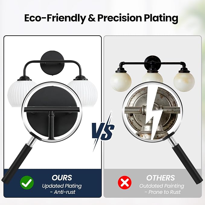 RUIYEY Bathroom Vanity Light Fixtures: 2-Light Black Bathroom Lighting Fixtures Over Mirror with Milky White Frosted Glass Shade, Farmhouse Modern Wall Light for Bathroom