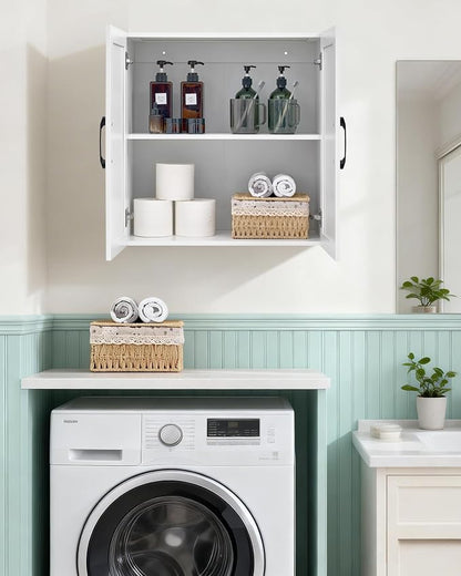 Wall Cabinet with Adjustable Shelf, Laundry Room Cabinet with 2 Doors, Kitchen Storage Cupboard Cabinet, Wall Mount Medicine Cabinet for Bathroom, Living Room, White