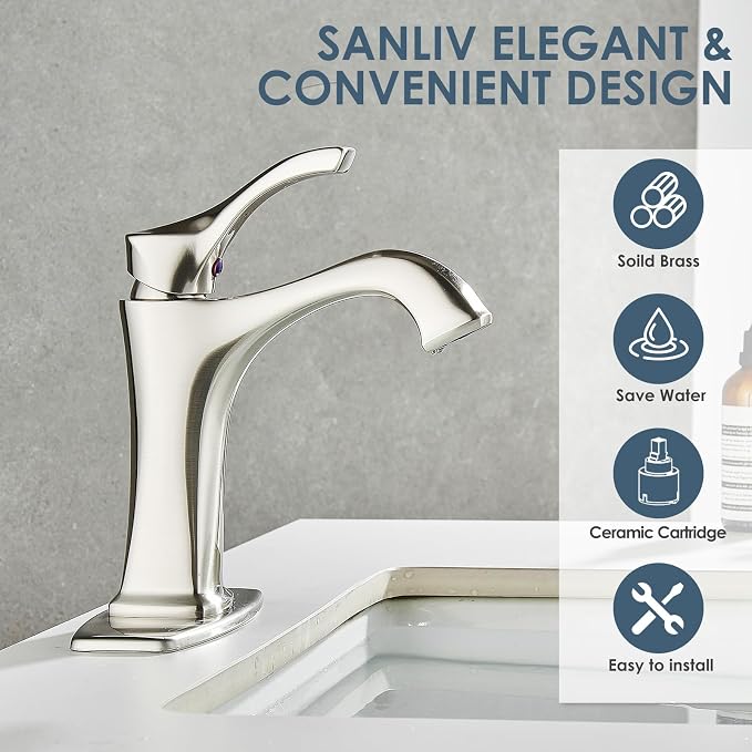 Brushed Nickel Bathroom Faucet, Sanliv Single Handle Centerset Bathroom Sink Faucet with Pop-Up Drain & Deck Plate for 1 or 3-Hole (4 inch) Installation, Modern Farmhouse Vanity Faucet Brushed Nickel