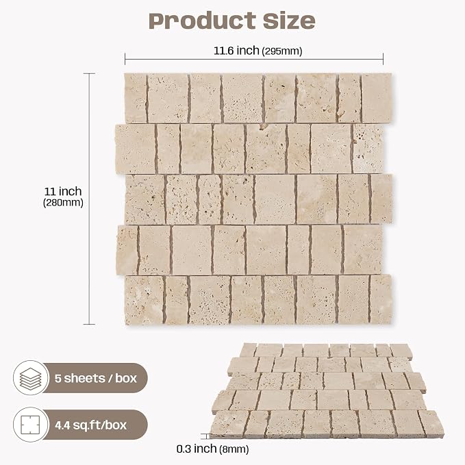 2×3 Inch Piano Travertine Marble Mosaic Tile for Wall Floor, 5 Sheets | Water & Heat Resistant Honed Marble Backsplash Tiles for Kitchen Bathroom Fireplace Surround Durable Unique Veins 4.5SQFT