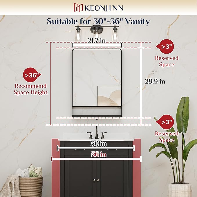 Keonjinn 22 x 30 Inch Black Bathroom Mirror with Shelf, Rust-Resistant | Rounded Corner, Rectangle Metal Bathroom Vanity Mirror with Storage, French Cleat Mount, Entryway, Bedroom, Hallway, Décor
