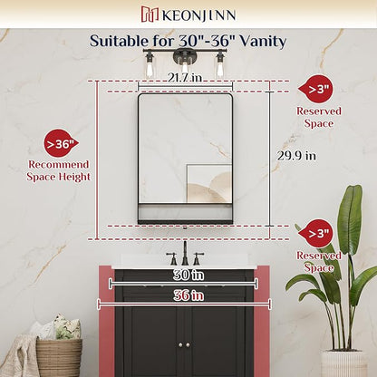 Keonjinn 22 x 30 Inch Black Bathroom Mirror with Shelf, Rust-Resistant | Rounded Corner, Rectangle Metal Bathroom Vanity Mirror with Storage, French Cleat Mount, Entryway, Bedroom, Hallway, Décor
