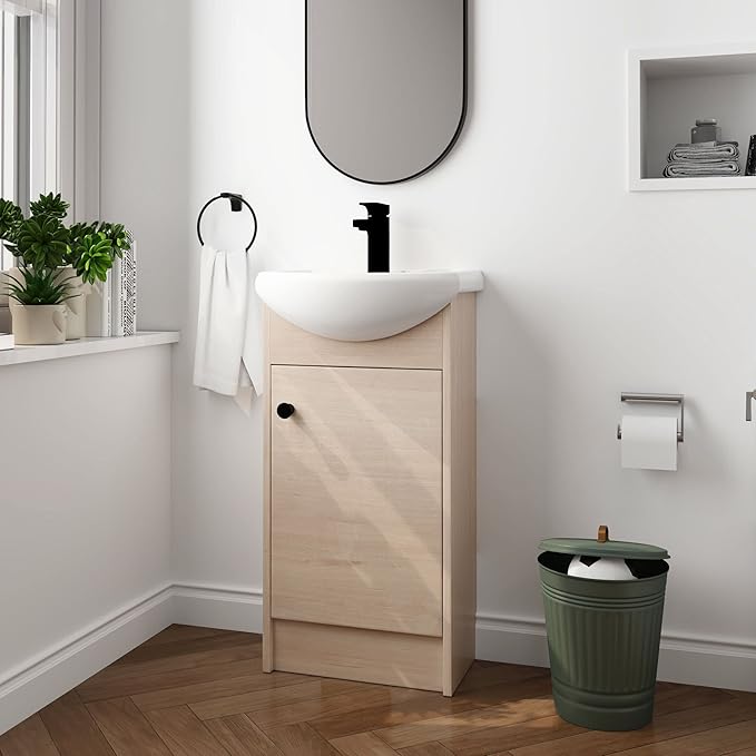 18" Bathroom Vanity with Sink, 18 Inch Freestanding Vanity with Soft-Closing Door for Small Space, Modern Single Sink Bathroom Vanity Combo,Brown Floor Standing Cabinet Set (BN-022)