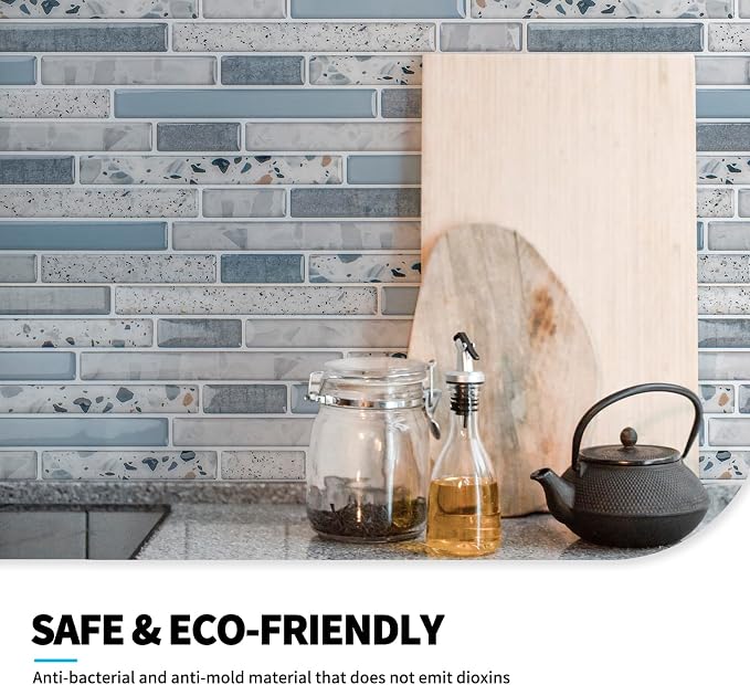 Art3d Peel and Stick Stone Wall Tile, 11.8 x 11.8 in, 10-Sheet, Light Blue | Moisture Resistant, Strong Adhesive, Sturdy, Cleanable, Easy to Install, for Kitchen, Laundry Room, Ideal for New Home Buyers