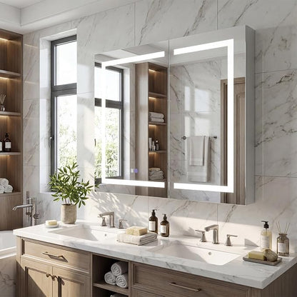 36"x36" Smart LED Medicine Cabinet with Mirror - Double Door Bathroom Storage, Anti-Fog, 3-Color Stepless Dimming, 5X Magnifier, Night Light, Soft-Close Hinges