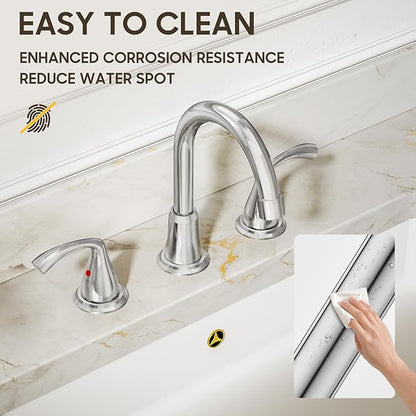 Phiestina 8 Inch Widespread Chrome Bathroom Sink Faucet, 2 Handle 3 Hole Bathroom Faucet with Metal Pop up Drain and Water Supply Lines, WFJC180-C