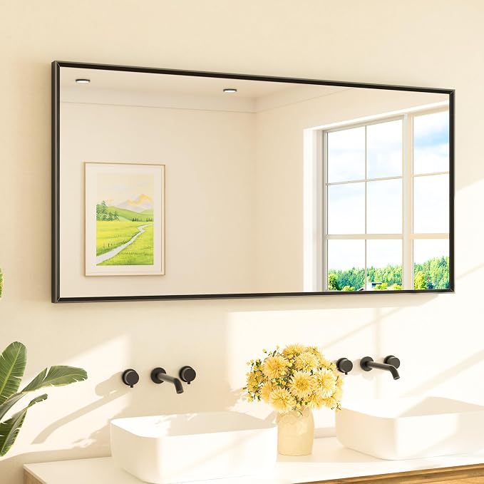 Matte Black Beveled Framed Bathroom Mirror 60" x 30" Large Black Rectangle Metal Vanity Wall Mirror for Bathroom Sink, Modern Farmhouse, Tempered Glass, Shatterproof, Stronger Frame