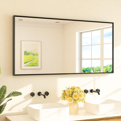 Matte Black Beveled Framed Bathroom Mirror 60" x 30" Large Black Rectangle Metal Vanity Wall Mirror for Bathroom Sink, Modern Farmhouse, Tempered Glass, Shatterproof, Stronger Frame