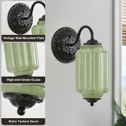 Green Glass Sconce Set of 2 Vintage Vanity Sconces Bulb Included | Green Glass Art Deco Antique Wall Sconce Wall Light for Bedroom Bathroom Living Room Entryway Antique Black and White 2 Pack