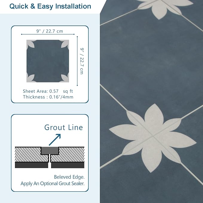 16-Sheet Peel and Stick Floor and Wall Tile for Bathroom Kitchen, 9" x 9" Blue Flower SPC Self-Adhesive Vinyl Flooring Patterned Groutable Backsplash Tile, Covers 9.12 Sq Ft.