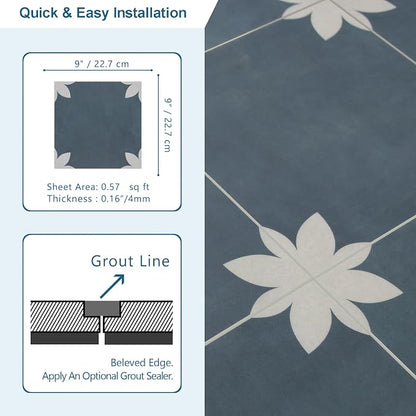 16-Sheet Peel and Stick Floor and Wall Tile for Bathroom Kitchen, 9" x 9" Blue Flower SPC Self-Adhesive Vinyl Flooring Patterned Groutable Backsplash Tile, Covers 9.12 Sq Ft.