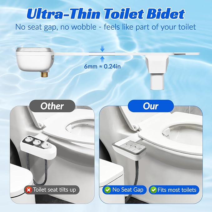 Bidet Attachment for Toilet,0.23 In Ultra Thin, Dual Nozzles,Cold Water | Self-Cleaning Nozzles,Adjustable Water Pressure,One Click Detach,Rotate Button Control,Fits Most Toilets,White,Square